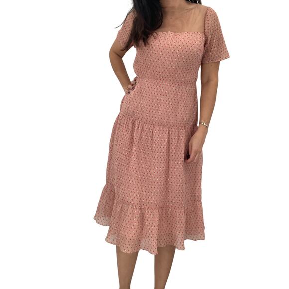 2/$30 DRESS THE POPULATION Midi Dress Size M Pink Polka Dot Semi Sheer Lined - Picture 1 of 6